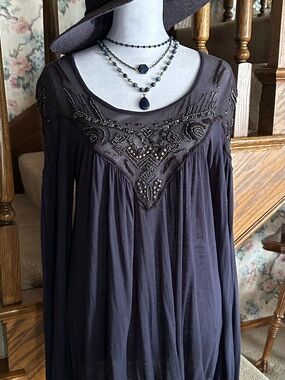 Free People Blue Sky Banded Peasant Top; Navy W/Embellished Beads/Embroidery; Sm